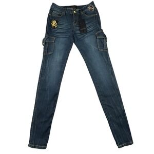 Rocawear 1999‎ Jean Skinny Cargo MidRise Size 7 Stretch Denim Hip Hop 90s Logo